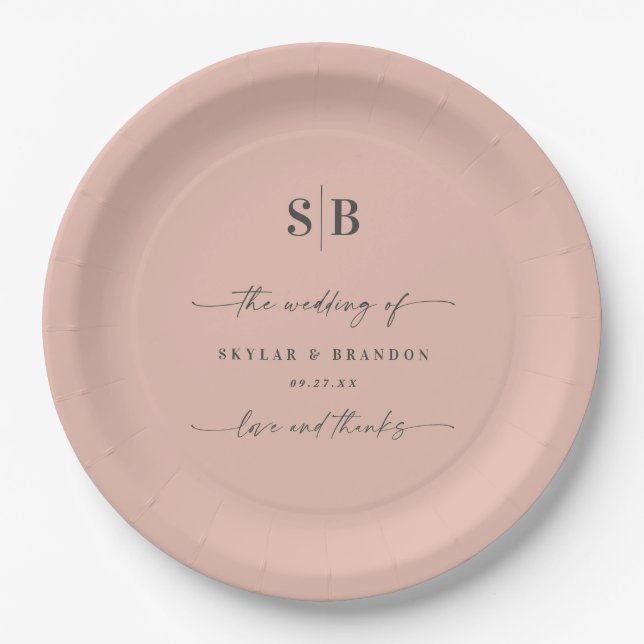 Simple Solid Colour Blush Pink Monogrammed Wedding Paper Plate (Front)