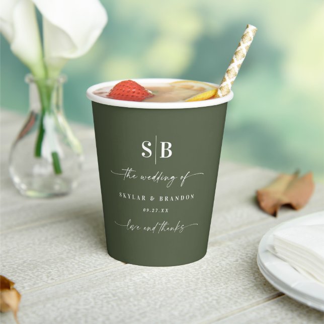 Simple Solid Colour Dark Green Monogrammed Wedding Paper Cups (Insitu)