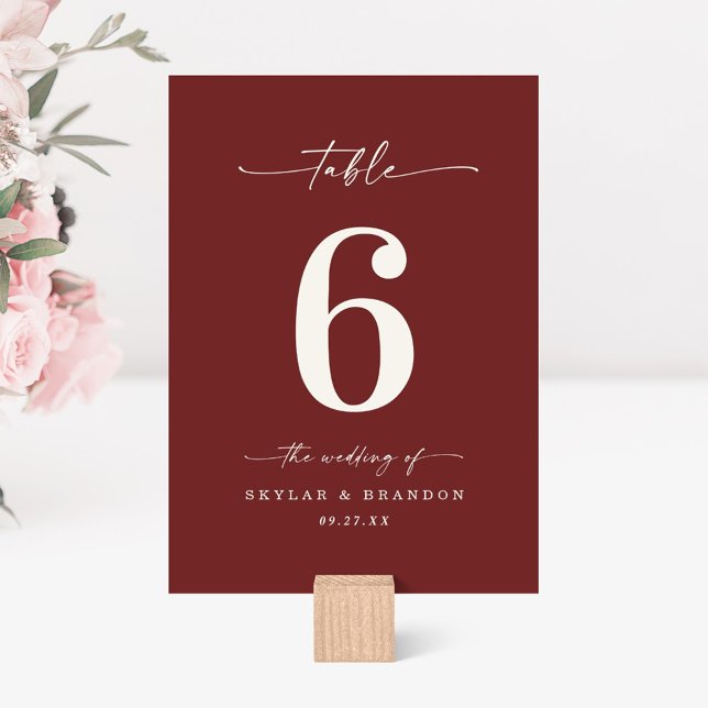 Simple Solid Colour Dark Wine Cinnamon Red Wedding Table Number (Creator Uploaded)