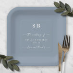 Simple Solid Colour Dusty Blue Wedding Monogram Paper Plate<br><div class="desc">Simple Solid Colour Dusty Blue Wedding Monogram Reception Personalised Paper plates. This modern wedding or any event Paper plate design is simple and minimal with a plain solid background colour and trendy signature calligraphy script fonts. Shown in the new Wedding Colour Palette. Also features a simple monogram on the top....</div>
