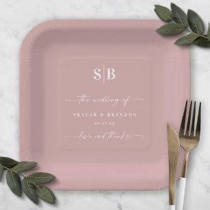 Simple Solid Colour Dusty Mauve Wedding Monogram Paper Plate