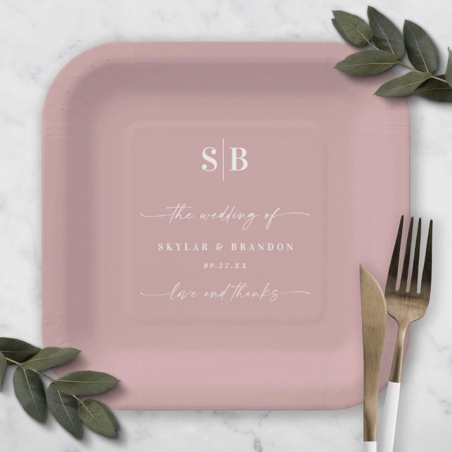 Simple Solid Colour Dusty Mauve Wedding Monogram Paper Plate (Creator Uploaded)