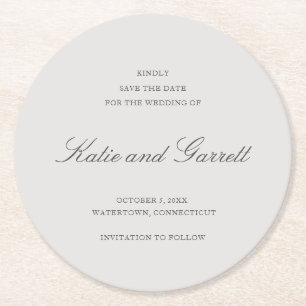 Simple Solid Colour Grey Save the Date Round Paper Coaster