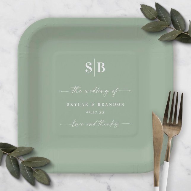 Simple Solid Colour Leaf Green Wedding Monogram Paper Plate (Creator Uploaded)