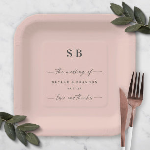 Simple Solid Colour Light Pink Wedding Monogram  Paper Plate