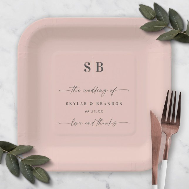 Simple Solid Colour Light Pink Wedding Monogram  Paper Plate (Creator Uploaded)