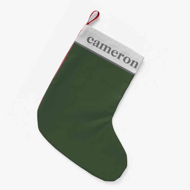 Simple Solid Colour Personalised Name | Green Grey Small Christmas Stocking (Front (Hanging))