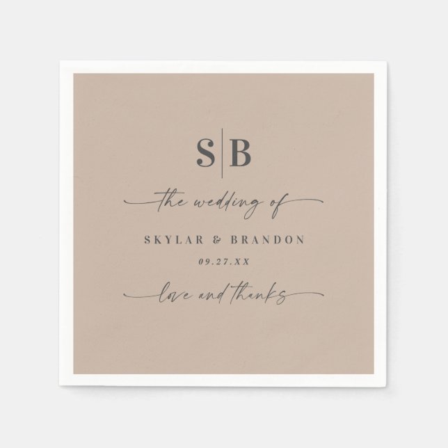 Simple Solid Colour Taupe Beige Monogrammed Weddin Napkin (Front)