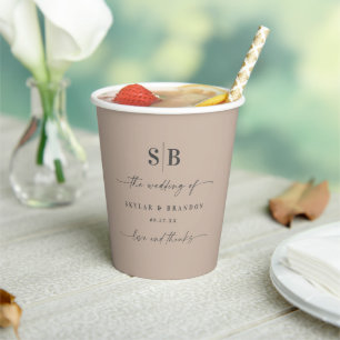 Simple Solid Colour Taupe Beige Monogrammed Weddin Paper Cups