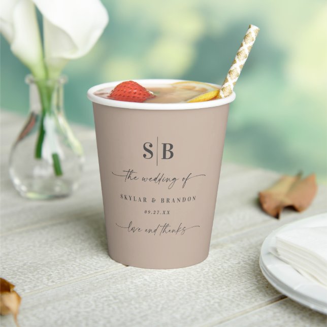 Simple Solid Colour Taupe Beige Monogrammed Weddin Paper Cups (Insitu)