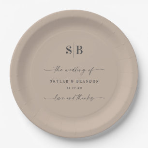 Simple Solid Colour Taupe Beige Monogrammed Weddin Paper Plate