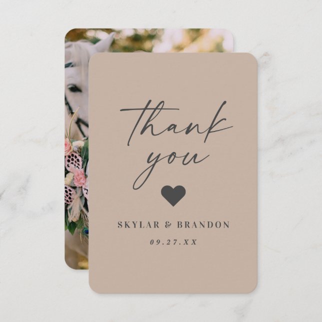 Simple Solid Colour Taupe Beige Photo Wedding Thank You Card (Front/Back)