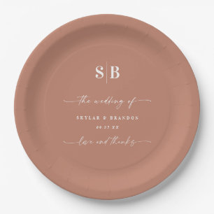 Simple Solid Colour Terracotta Monogrammed Wedding Paper Plate