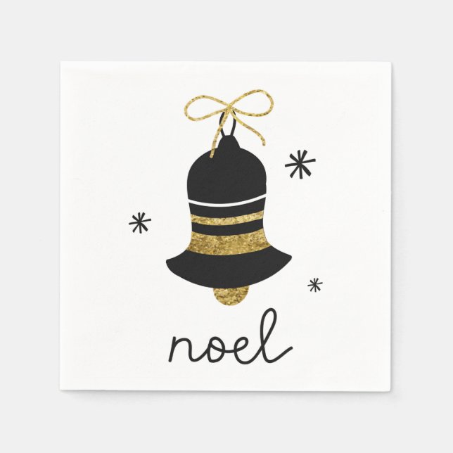 Simple sophisticated black gold bell noel festive  napkin (Front)