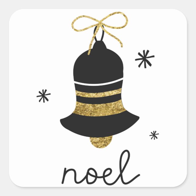 Simple sophisticated black gold bell noel holiday square sticker (Front)