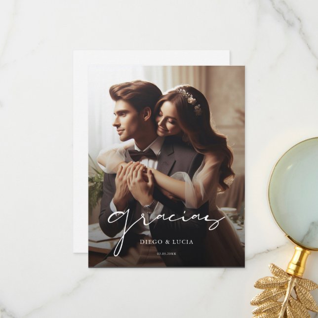 Simple Spanish Boda | Modern Wedding Gracias Photo Thank You Card (Front/Back In Situ)