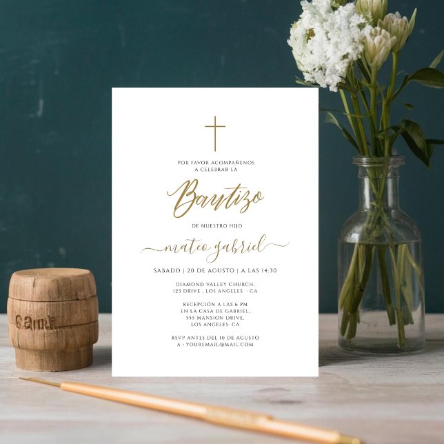 Simple Spanish Invitacione De Bautizo Gold Invitation (Creator Uploaded)