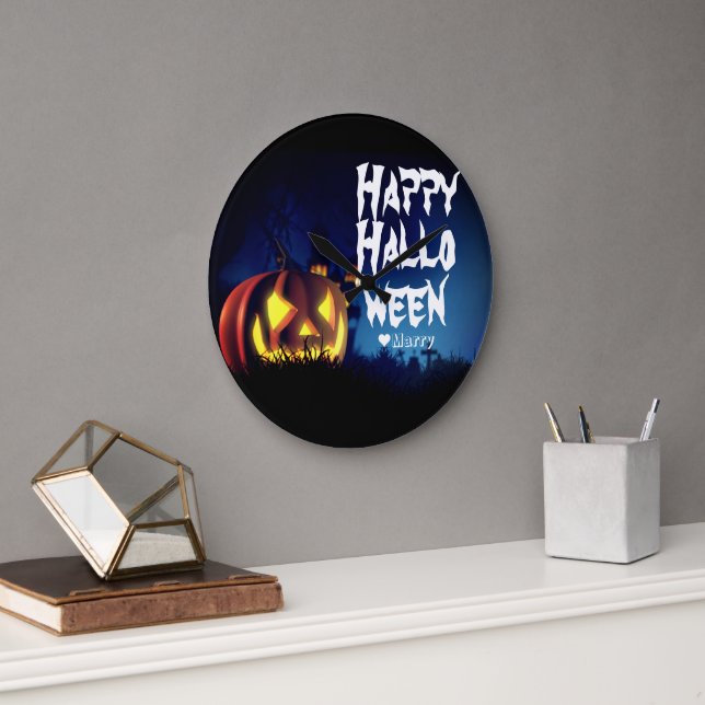 Simple Spooky Family Happy Halloween Pumpkin  Large Clock (Office)