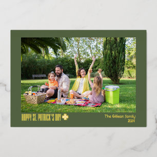 Simple St patricks day Shamrocks family photo  Foil Holiday Card