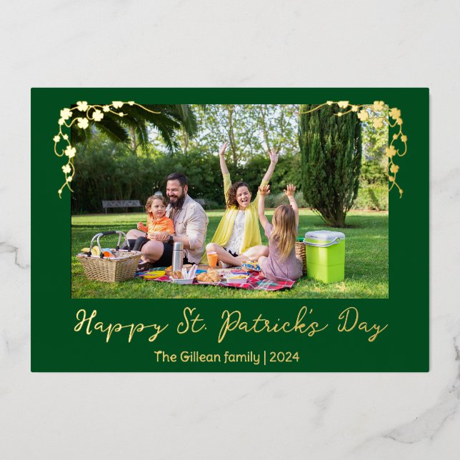 Simple St patricks day Shamrocks family photo Foil Holiday Card (Front)
