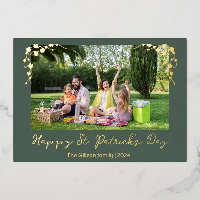 Simple St patricks day Shamrocks family photo Foil Holiday Card (Front)