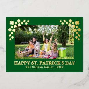 Simple St patricks day Shamrocks family photo Foil Holiday Card