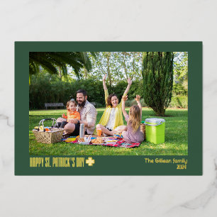 Simple St patricks day Shamrocks family photo Foil Holiday Card