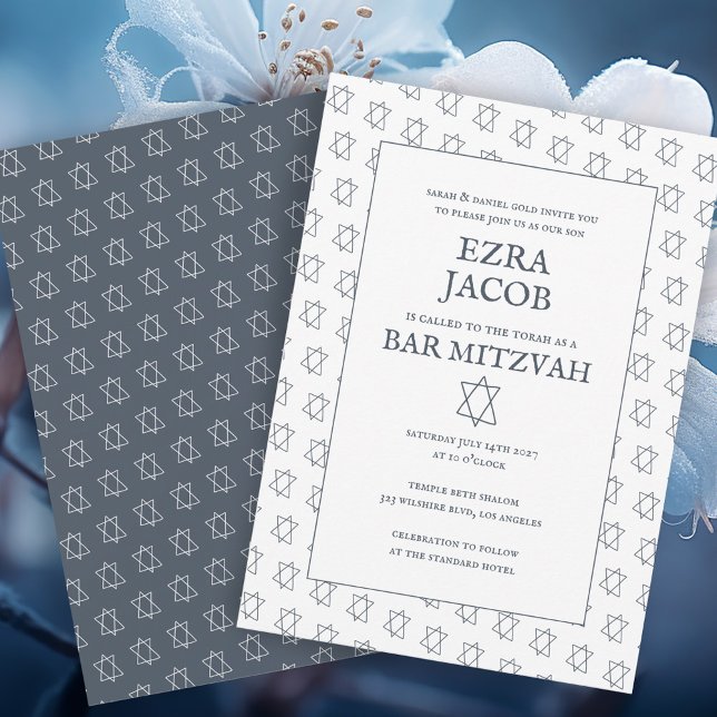 Simple Star of David Custom B'nai Bat Bar Mitzvah  Invitation (Simple Star of David Pattern Minimalist Elegant Custom B'nai Bat Bar Mitzvah Invitation Blue White
)
