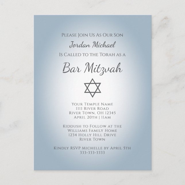 Simple Star of David Modern Bar Mitzvah Blue Invitation Postcard (Front)
