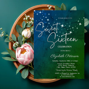 Simple Stars Green Sweet 16 Invitation
