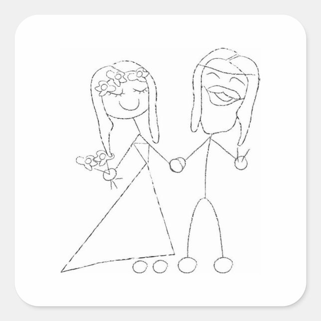 Simple Stick Drawing of Bride and Groom Square Sticker (Front)