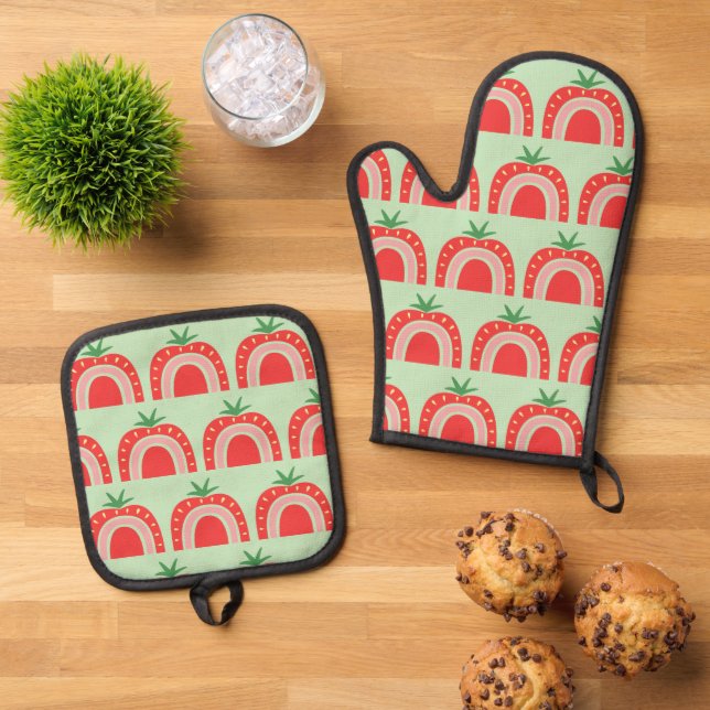 Simple Strawberry Rainbow Fruit Pattern Green Oven Mitt & Pot Holder Set (Top Down)