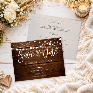 Simple String Lights Rustic Save The Date Postcard