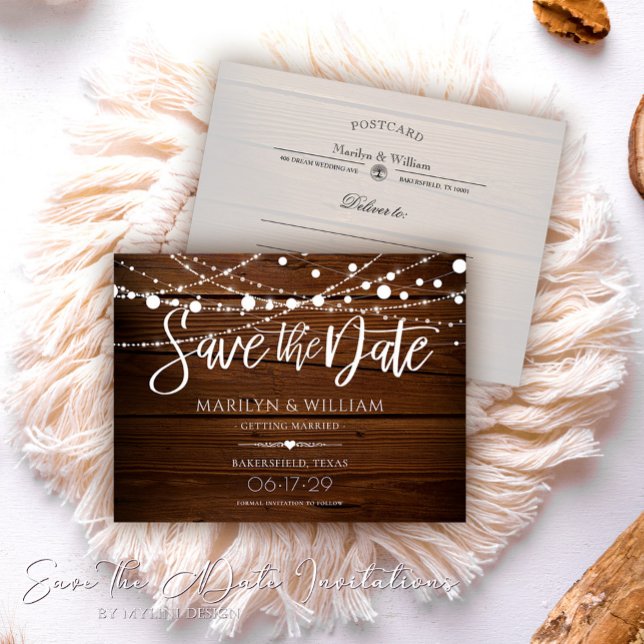 Simple String Lights Rustic Save The Date Postcard (Creator Uploaded)