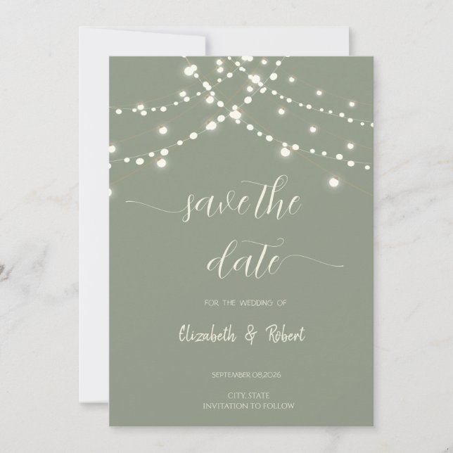 Simple String Lights Sage Green Save The Date (Front)