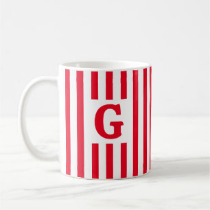Simple Striped Red and White Initial Christmas Coffee Mug