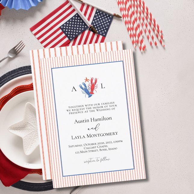 Simple Stripes Minimalist Lobster Wedding  Invitation (Creator Uploaded)