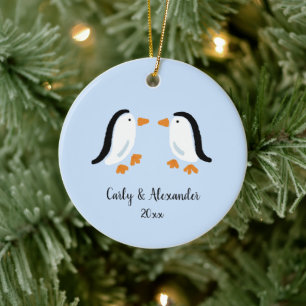 Simple Stylised Penguin Couple Custom Christmas Ceramic Tree Decoration