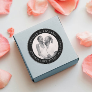 Simple Stylish Black And White Love Photo Wedding  Classic Round Sticker