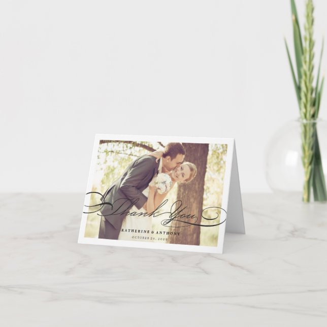 Simple Stylish Black Classic Script Photo Wedding Thank You Card (Front)