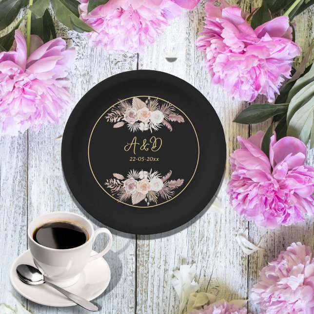 SIMPLE STYLISH BOHO BLACK FLORAL WEDDING  PAPER PLATE (Creator Uploaded)