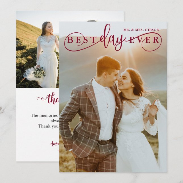 Simple Stylish Burgundy Best Day Ever 2 Photo Thank You Card (Front/Back)