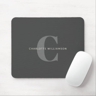Simple Stylish Chic Monogram Name Black and Grey Mouse Mat