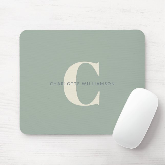 Simple Stylish Chic Monogram Name in Sage Green Mouse Mat (With Mouse)