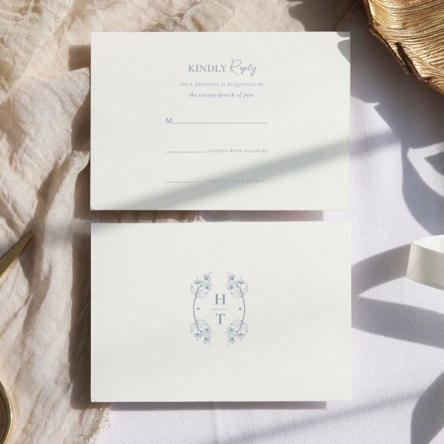 Simple Stylish Dusty Blue Monogram Formal Wedding RSVP Card (Creator Uploaded)