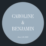 Simple Stylish Elegant Dusty Blue Custom Wedding Classic Round Sticker<br><div class="desc">Simple Stylish Classic Typography Elegant Trendy Dusty Blue Wedding Classic Round Sticker</div>