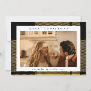 Simple Stylish Gold Tartan Plaid Photo Christmas Holiday Card