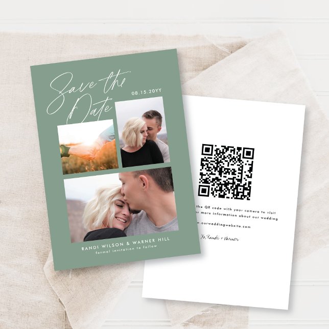 Simple & Stylish Green Three Photo Handwritten Save The Date (Creator Uploaded)