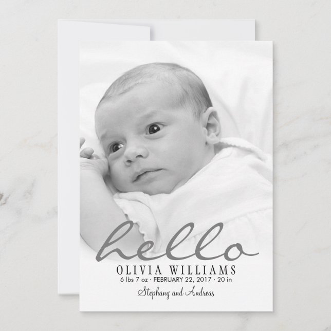 Simple Stylish Grey Modern Hello Baby Birth Photo Announcement (Front)