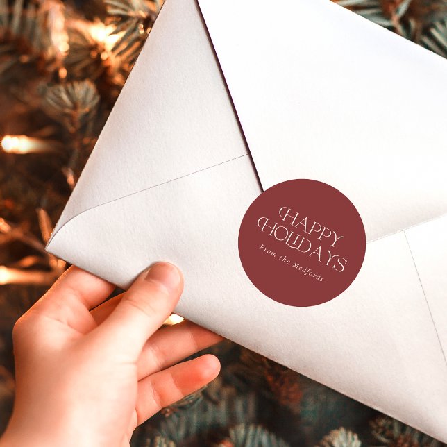 Simple Stylish Happy Holidays | Name | Red  Classic Round Sticker (Creator Uploaded)